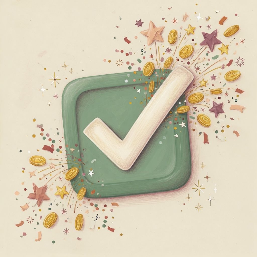 A sage checkbox bursting with gold coins, stars, and confetti.
