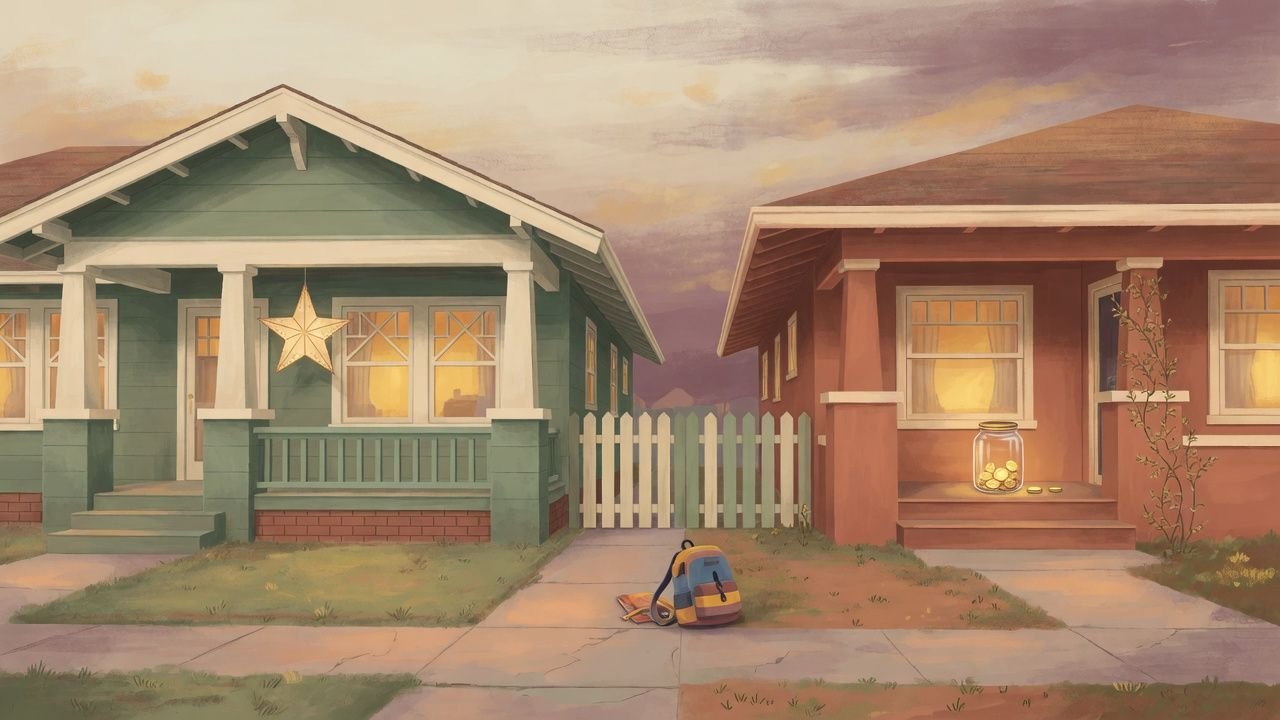 Two neighboring houses at dusk, a backpack on the sidewalk between them, a coin jar on one porch and a star on the other.