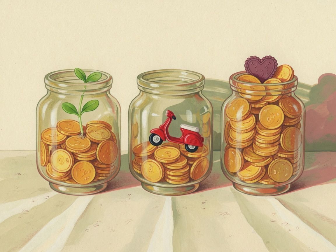 Three glass jars of gold coins: one with a sprout, one with a tiny scooter, one with a heart token.