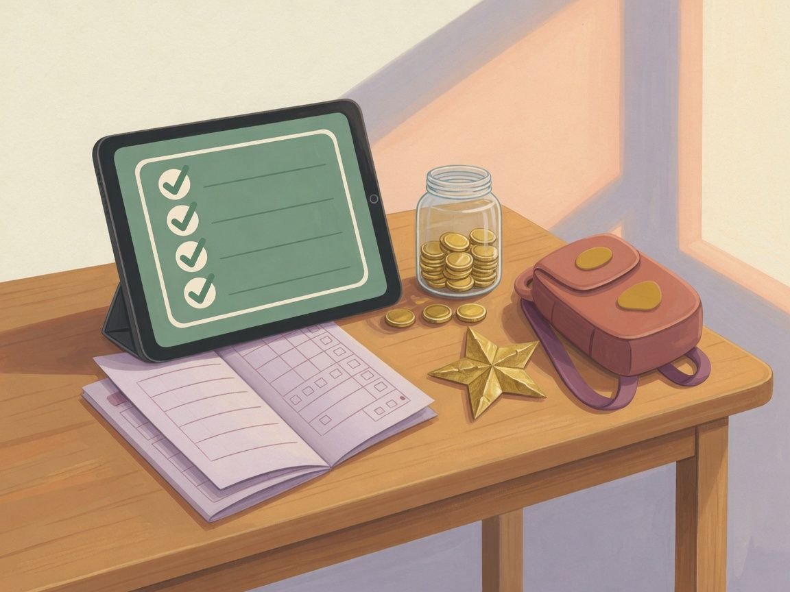 A kitchen table with a tablet checklist, a jar of coins, a gold star, and a backpack.